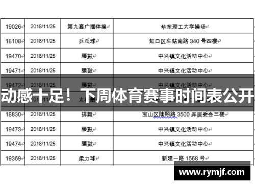 动感十足！下周体育赛事时间表公开